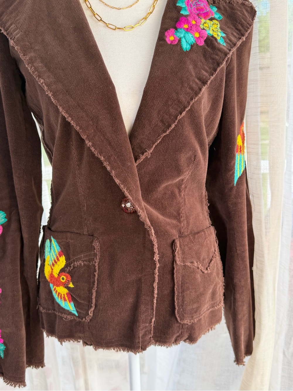 Johnny Was Embroidered Brown Corduroy Jacket with Floral & Bird Motifs Blazer Sm - Picture 11 of 14